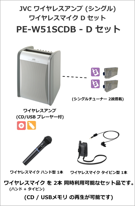 PEW51SCDB-D-SET】JVC 800MHz ポータブルワイヤレスアンプ シングル CD USBプレーヤー付 ワイヤレスマイク2本セット  【在庫あり】 [サウンドショップソシヤル]