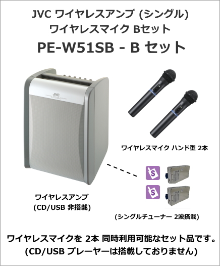 【PE-W51SB-B-SET】JVC 800MHz ポータブルワイヤレスアンプ シングル ワイヤレスマイク2本セット